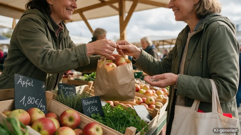 Marktstand auf dem Wochenmarkt: Eine Standbetreiberin reicht einer Kundin lächelnd eine Tüte Äpfel